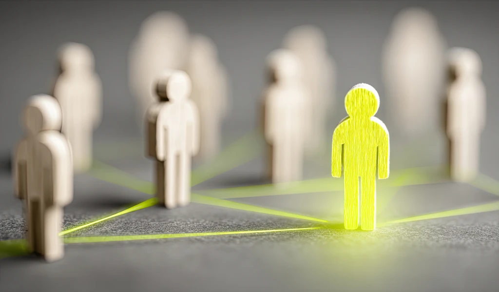 Image of wooden humans connected by yellow lines
