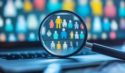 A magnifying glass searching for a range of employment candidates.