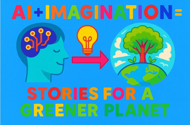Painted image of a blue human head with a circuit brain, a yellow light bulb with a red arrow pointing to a green tree on Earth, and the text