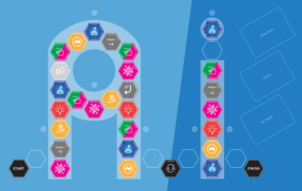 A picture of a board game, with hexagonal spaces. The board game route spells out