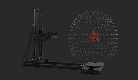 A computer-generated image of a 3D scanner scanning a red object