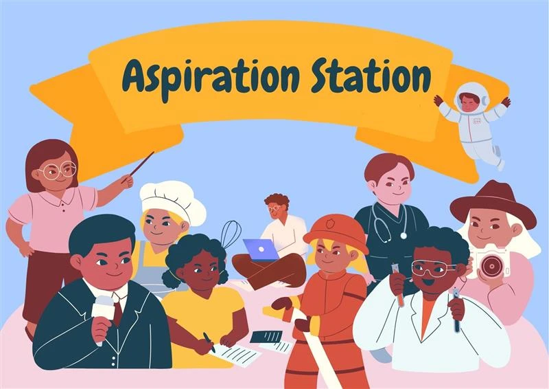 A cartoon of ten children with clothing, uniforms and accessories suggesting a range of jobs, including astronaut, firefighter and chef.