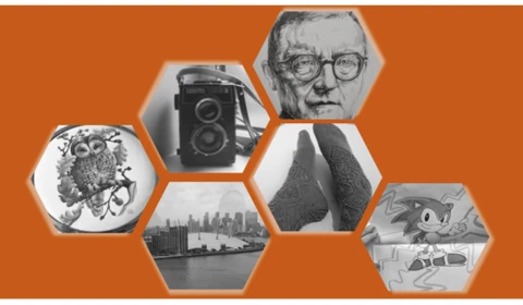 6 hexagons containing photographic images on an orange background.