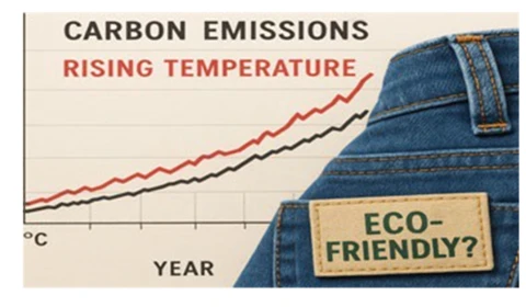 Graph of increasing temperatures and carbon emissions, with corner of Jeans with an 'eco friendly?' label