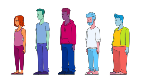 Five cartoon/sketch style people. Each person represents a different strand of the LGBTQ community, and are designed in the colours for each flag.