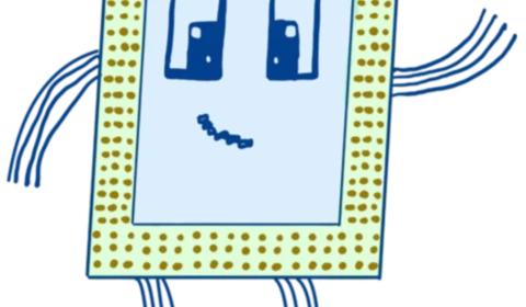 'Chip is the DH mascot. They are a blue and yellow cartoon computer chip with flat cable ribbons for arms and legs.