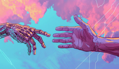 A human hand and a cyborg hand reaching towards each other, in front of a blue sky background with pink, purple and yellow clouds, with white lines across the sky to represent networks.