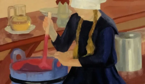 Impressionistic painting of a woman in headscarf and plaits stirring a pot