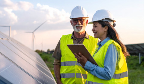 Photograph of a man and a woman at a solar and wind farm