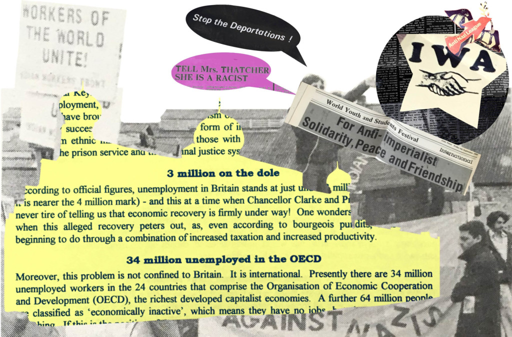 Example of a collage made using IWA(GB) material. The collage is made up of black and white imagery, with paragraphs of text from a political pamphlet