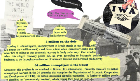 Example of a collage made using IWA(GB) material. The collage is made up of black and white imagery, with paragraphs of text from a political pamphlet