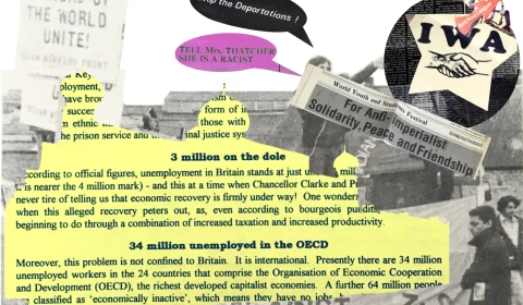 Example of a collage made using IWA(GB) material. The collage is made up of black and white imagery, with paragraphs of text from a political pamphlet