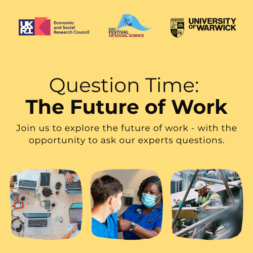 A yellow background with the event title and brief description. A triptych of images runs along the bottom including a birds-eye view of laptop workstation, a medical worker giving a patient a check up, and construction worker in action.