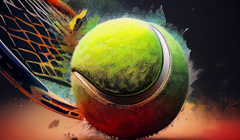 A tennis racket with a tennis ball.