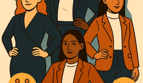 Illustration of a group of  four smartly dressed women with a heart, briefcase and calendar