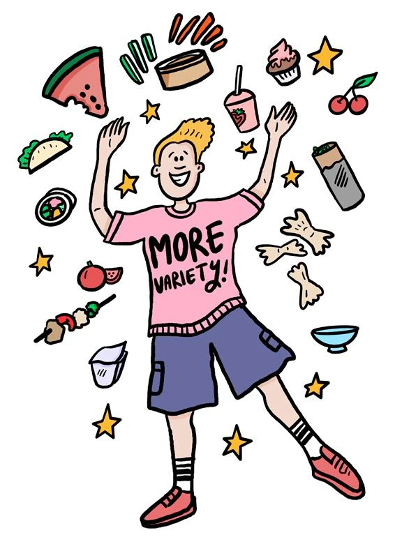 Illustration image of a child with different food options