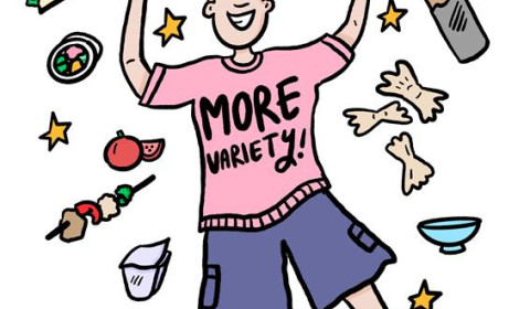 Illustration image of a child with different food options