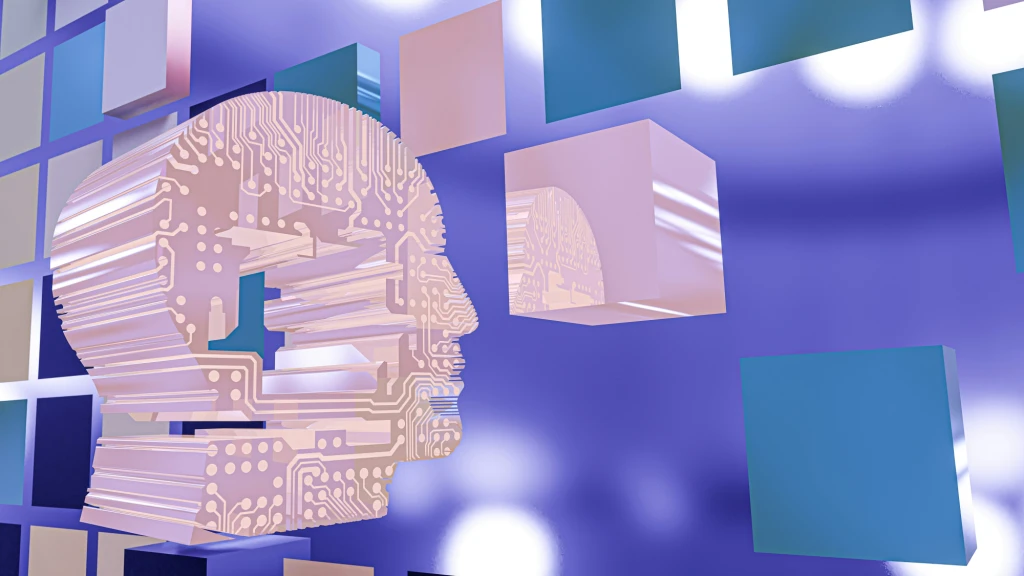 A digital image of a head surrounded by cubes.