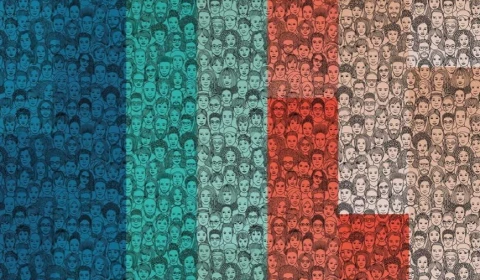 Line drawings of the faces of a diverse crowd of people, against a background of varying shades of blue, teal, orange, and beige