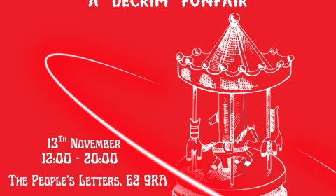Red light carnival poster in red with a picture of a vintage carousel in white