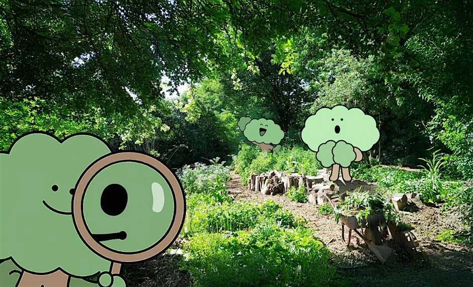A brightly-lit forest with cartoon trees smiling and one holding up a magnifying glass