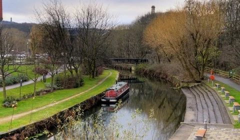 Canal view with a narrow boat