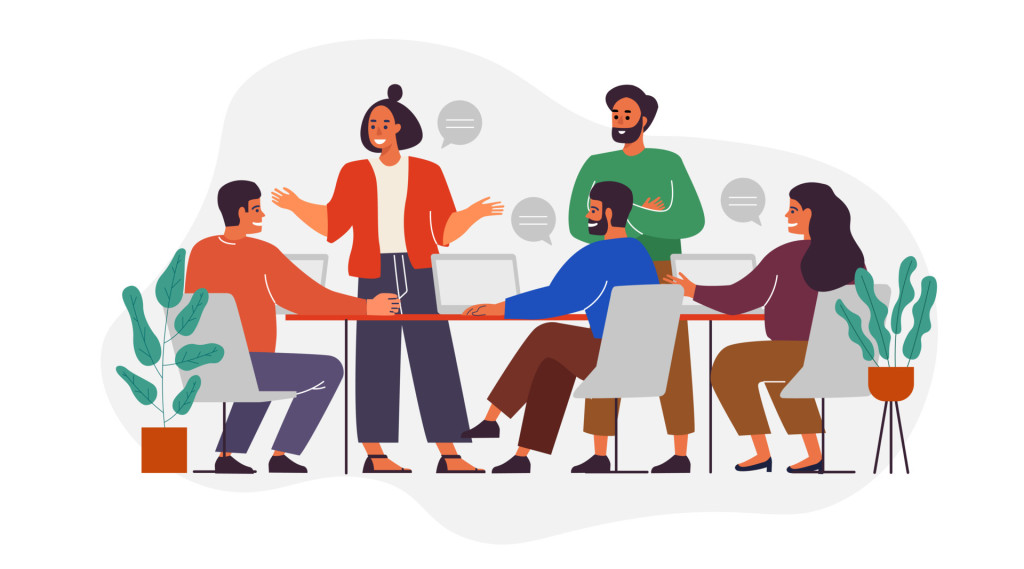 Illustration of an office environment with two people standing and three poeple sitting down.
