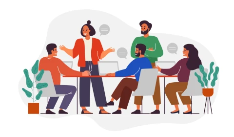 Illustration of an office environment with two people standing and three poeple sitting down.