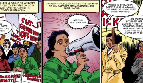 A close-up comic book panel depicting a group of people protesting with signs. One person in the center speaks into a megaphone with a determined expression, and text boxes above and beside the panels provide context and dialogue.