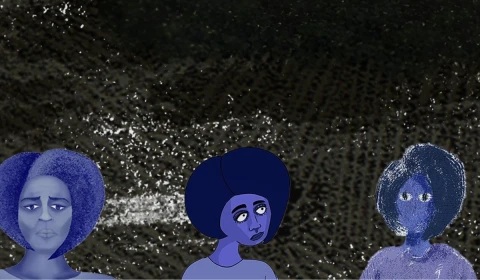 Image with black background numerous animated pictures of woman along the bottom and a pair of eyes at the top