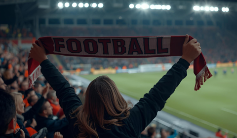 photograph of a female football fan sat in a stadium waving a scarf.
