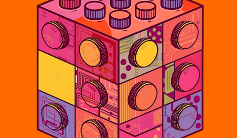 A multicoloured Lego block on a bight orange backgrund