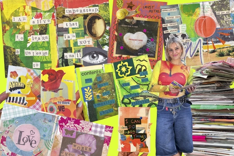 a collage of images of magazines overlayed with text and a photograph of woman in jean shorts