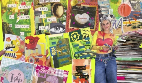a collage of images of magazines overlayed with text and a photograph of woman in jean shorts