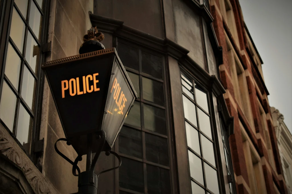 Police sign outside building