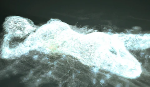 An abstract image of a woman lying down rendered in light waves