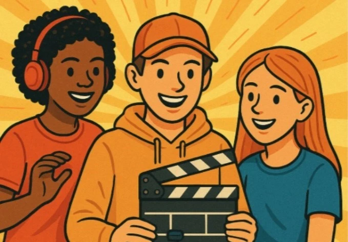 Cartoon image of three young people holding a clapperboard, with an orange and yellow background, under the title 'Work in a Changing World' and a footnote which reads 'Filmmaking Workshop'