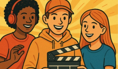 Cartoon image of three young people holding a clapperboard, with an orange and yellow background, under the title 'Work in a Changing World' and a footnote which reads 'Filmmaking Workshop'